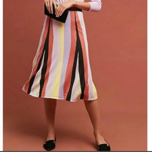 Anthropologie Laia Pink Purple Stripe Midi Knit Swing Skirt Size Small Mod Artsy - Picture 2 of 12